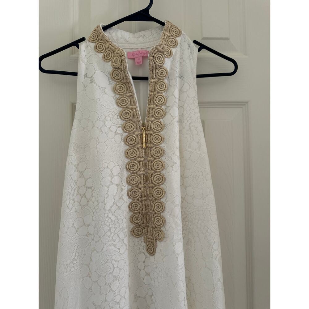 Lilly Pulitzer Jane Shift Dress White Mocean Lace Gold Trim Sleeveless Womens 00 - Picture 5 of 14
